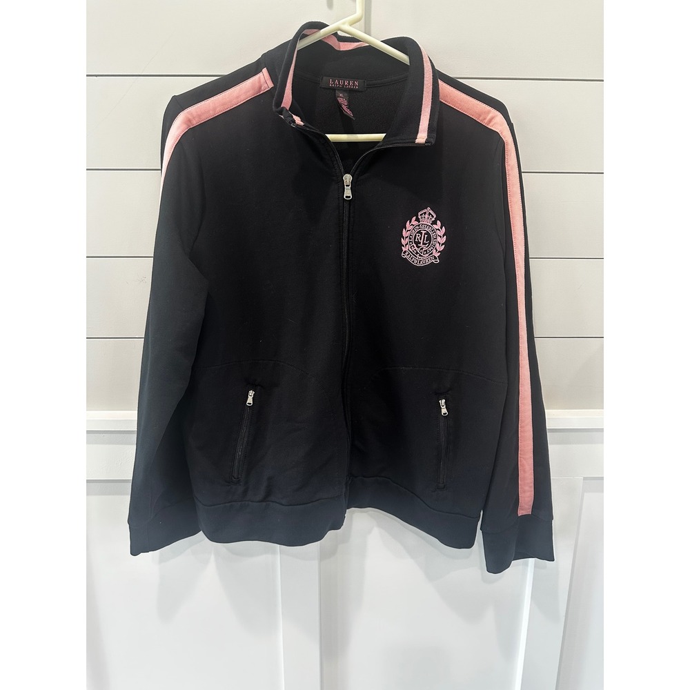 Lauren Ralph Lauren Womens Track Jacket Black Pink Crest Zip Up XL Side Stripe